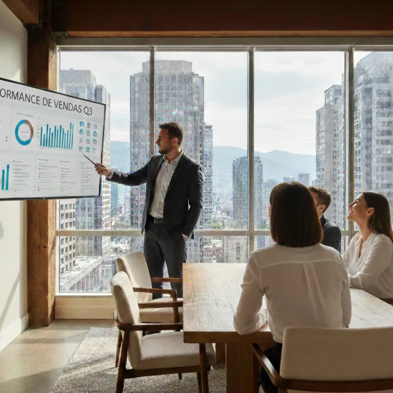 Gráficos de performance e equipe analisando dados