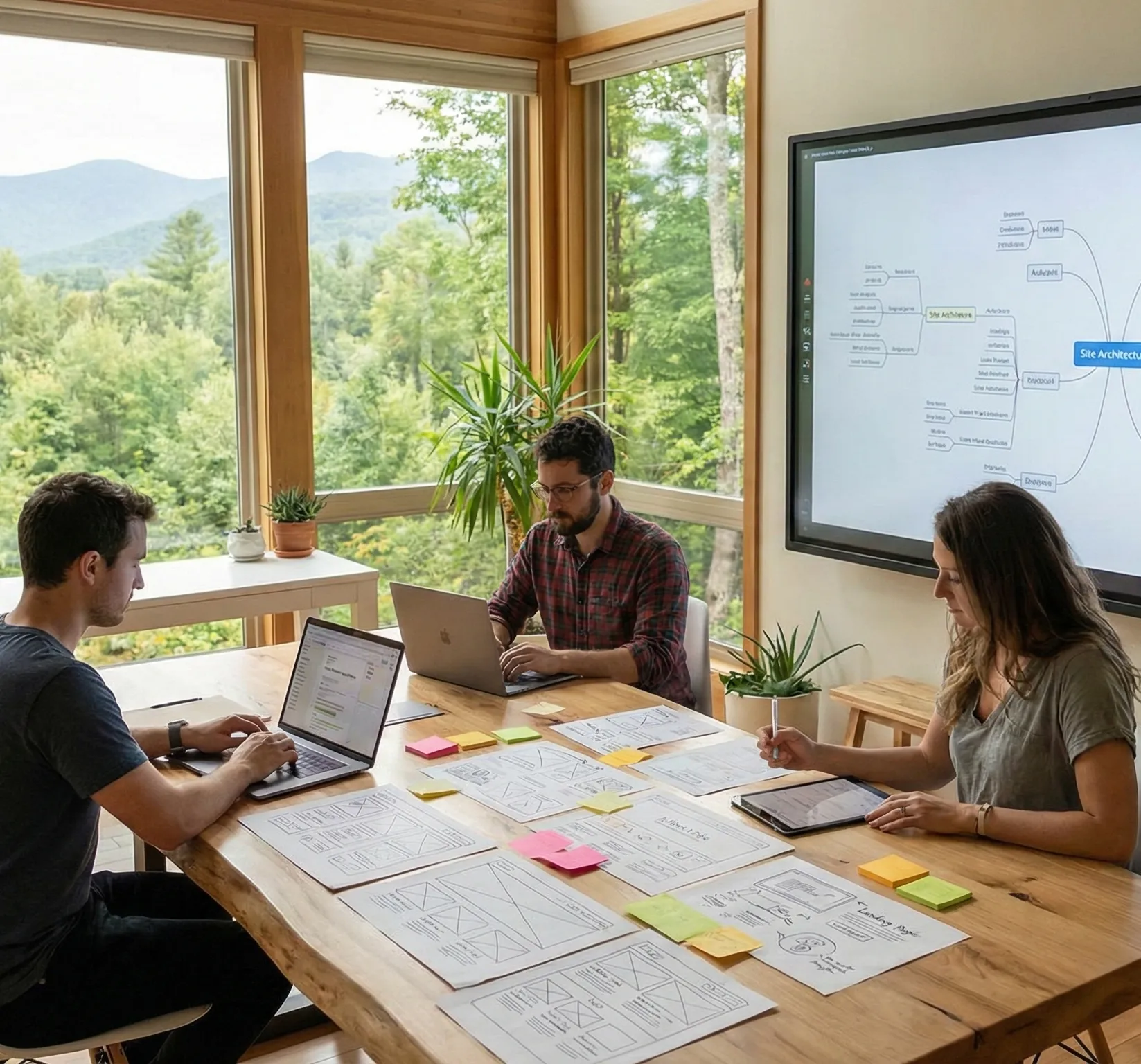 Equipe trabalhando em escritório moderno com vista para natureza